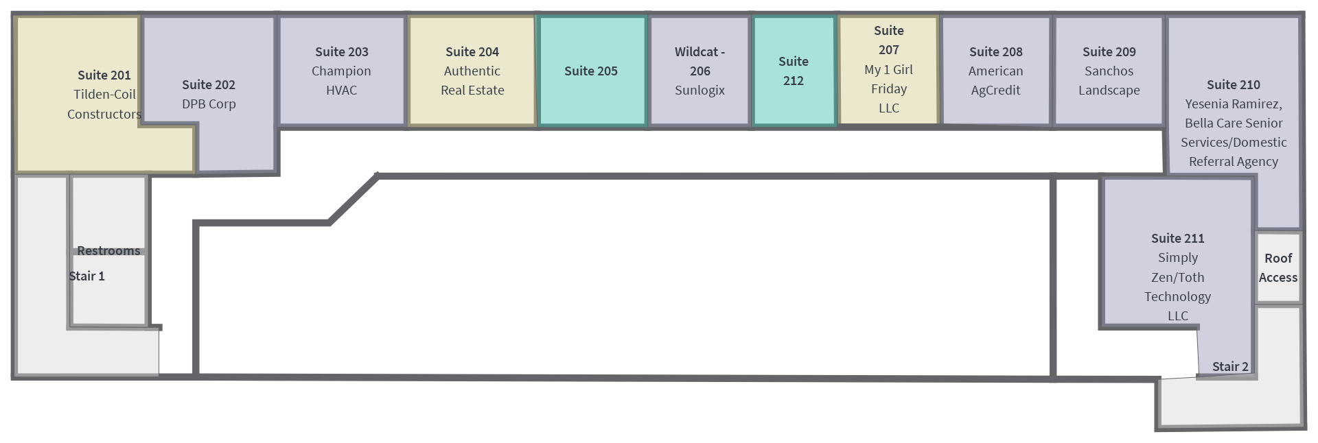 Flora Road second-level floor plan showing suites 201 through 212